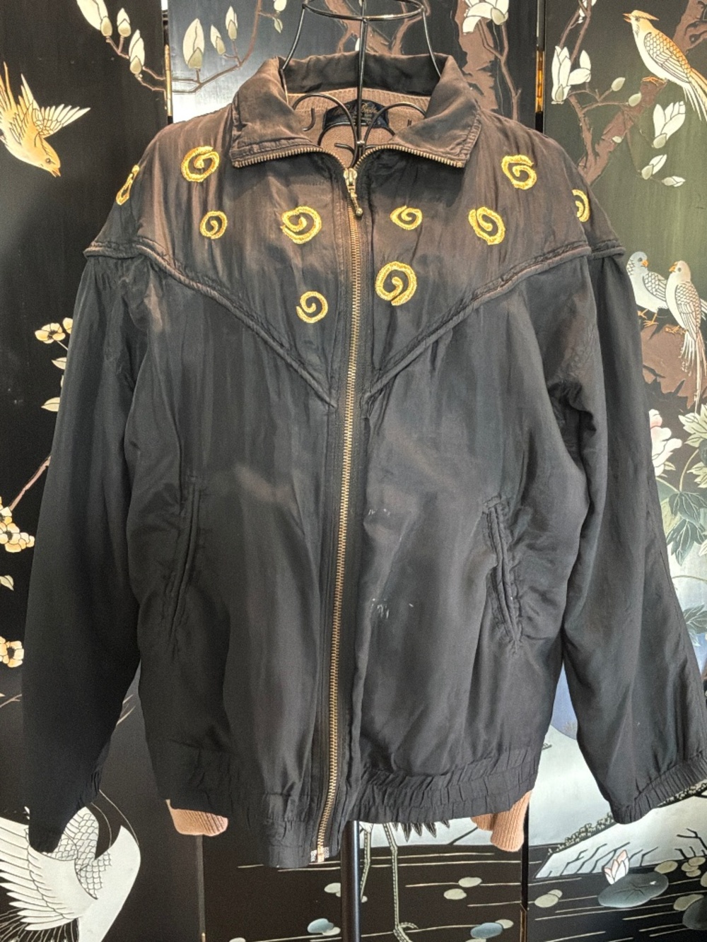 Vintage 80s 90s EVR Silk Bomber Jacket Black Gold Swirl Embroidered Size M¡